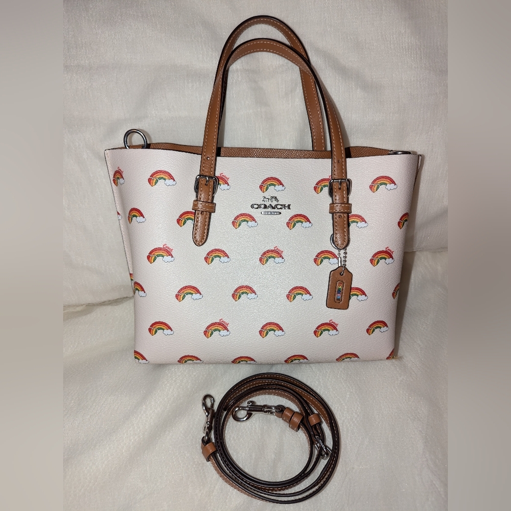 Coach White and Brown Tote Bag with Rainbow Print